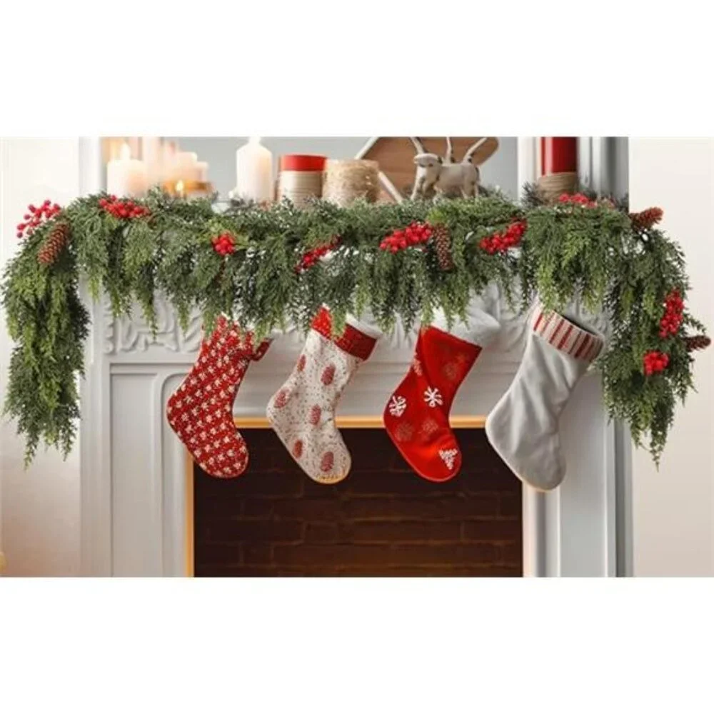 6ft Christmas Cedar Garland with Artificial Red Fruits and Pine Cones, Soft